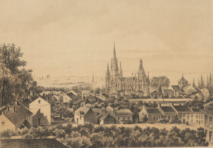 J. Hoolans, Ancienne église Notre-Dame et la nouvelle en projet, vers 1860-70 © Musée de la Ville de Bruxelles