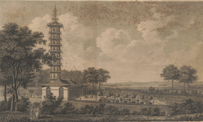 S. Le Febre, Vue de l’orangerie et de la tour chinoise dans le parc du château de Schoonenberg, 1803 © Musée de la Ville de Bruxelles
